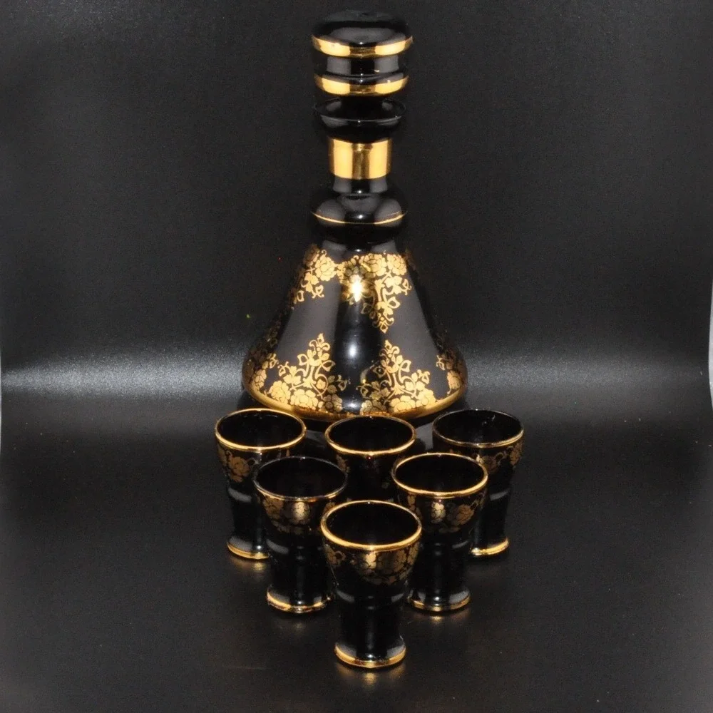 Vintage Italian Amethyst Glass Decanter Set‎ 7pc Black Gold Floral Excellent